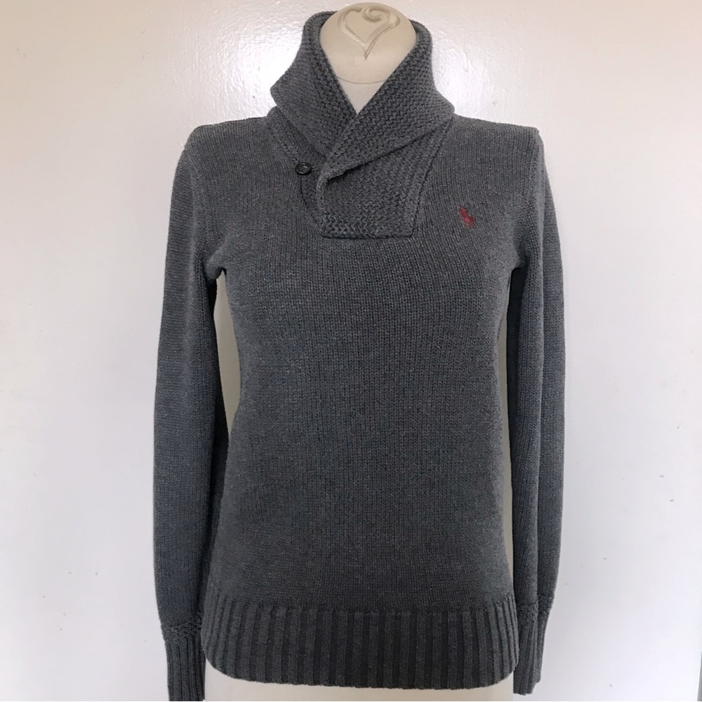 Ralph Lauren Sport Cowl Neck Knit Long Sleeve Cotton Sweater Charcoal Grey XS